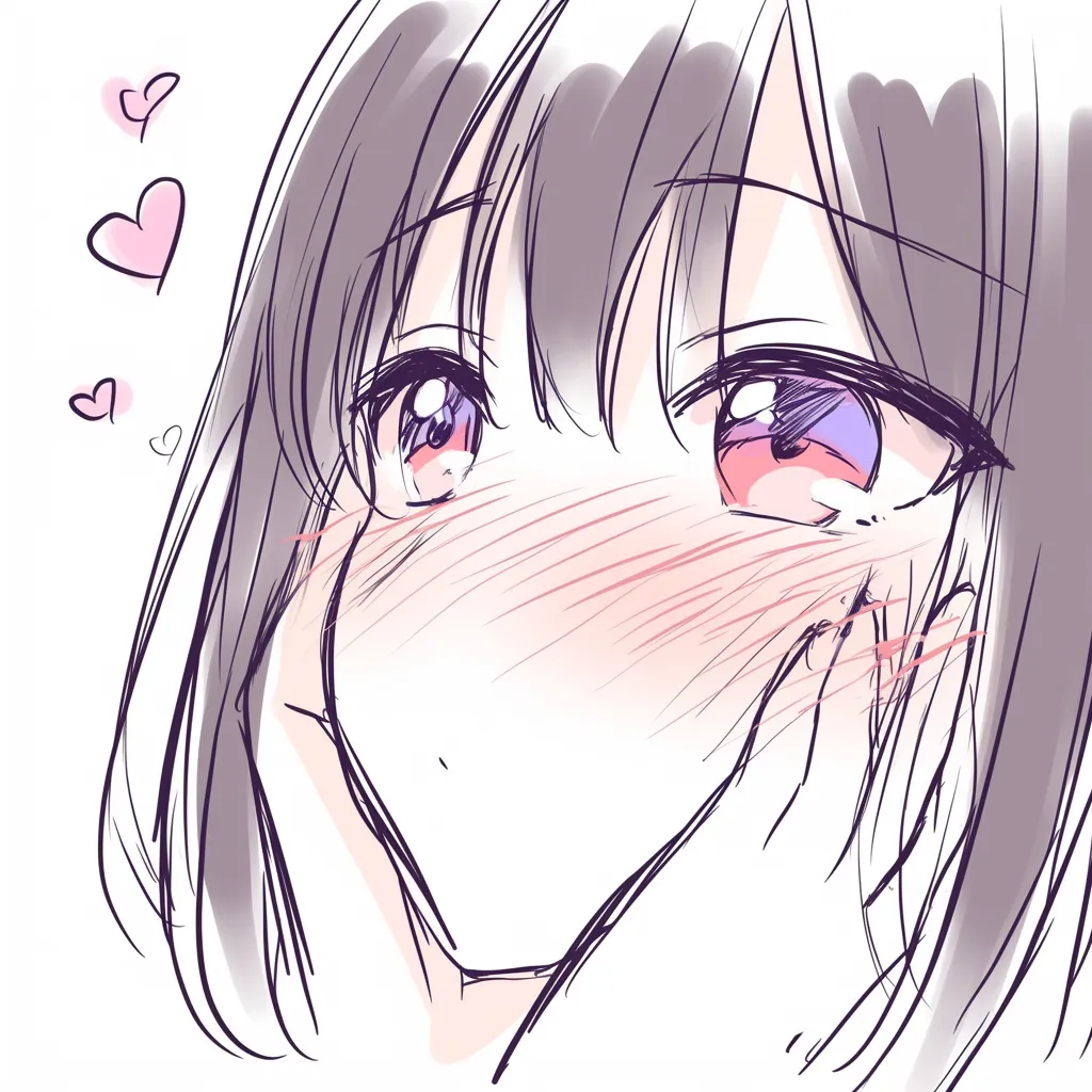 女の目のときめき｜【基本構造】顔をやや上向きに描く描き方で、頬に手を添える仕草を取り入れています。目の大きさを強調し、髪をシンプルに整理しています。<br>【演出の方向性】瞳を鮮やかに彩色し、ハートの記号を加えることで、強い恋心や憧れを視覚的にわかりやすく表現しています。<br>