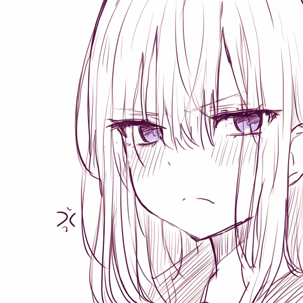 怖い目の睨み｜【基本構造】正面からの構図を描き方として用い、前髪越しに強い目線を貫かせています。瞼を狭め、口元は真一文字に結ばれています。<br>【演出の方向性】眉を鋭く下げた表情が、強い怒りと拒絶を表し、冷たい威圧感を与えています。<br>
