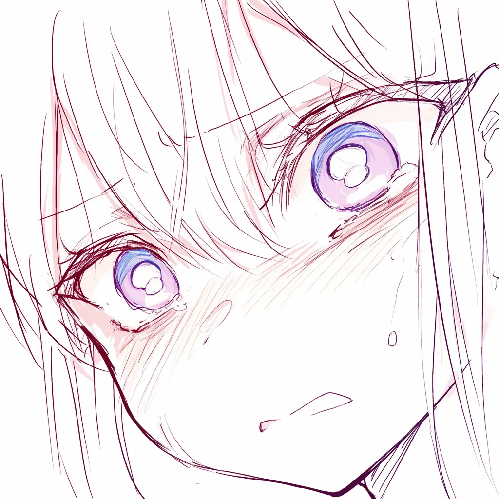 怖い目の怯え｜【基本構造】大きく見開いた目を描き方として用い、正面の迫力ある視線を強調しています。瞼を大きく開き、頬を赤みで覆っています。<br>【演出の方向性】涙のにじむ瞳に震える線を加えることで、恐怖と焦りの感情が表現されています。<br>