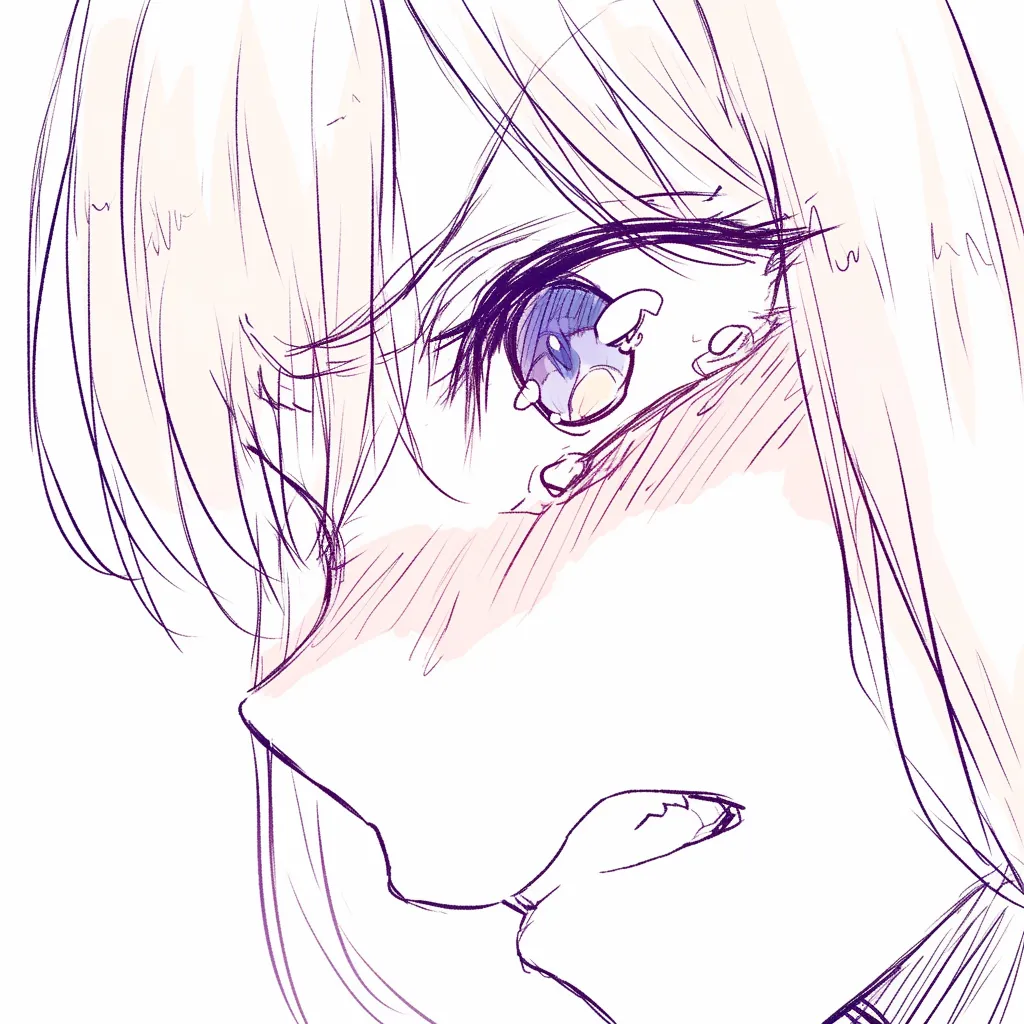 怖い目の涙越し｜【基本構造】斜めの角度から瞳を大きく描き方として配置し、頬を大きく赤みで覆っています。口は半開きで緊張を示しています。<br>【演出の方向性】涙に濡れた瞳が光を反射し、恐怖と混乱の感情をむき出しにしています。<br>
