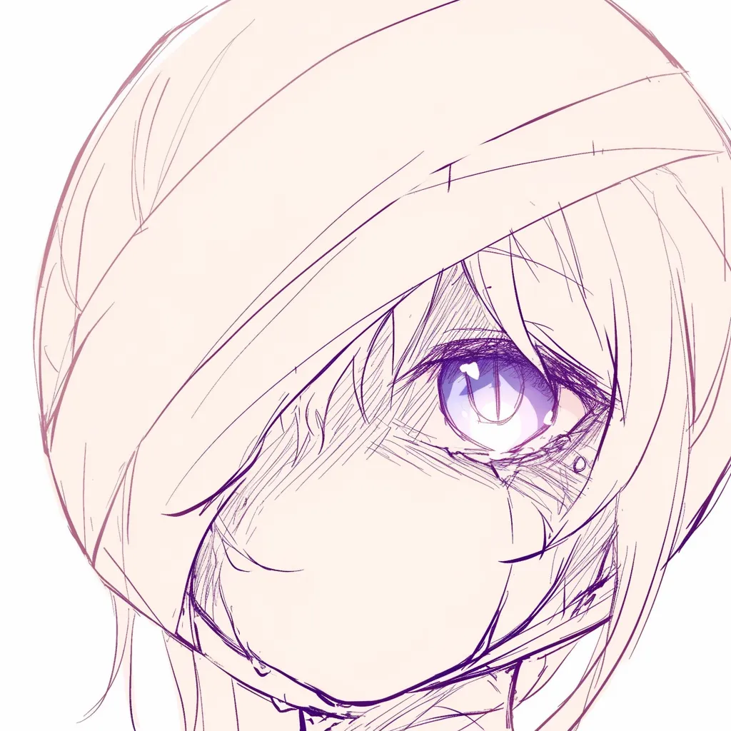 怖い目の包帯姿｜【基本構造】顔の大部分を包帯で覆い、片目だけを見せる描き方にしています。露出した瞳は強調され、光点が鮮烈に描かれています。<br>【演出の方向性】隠された表情の中で浮かぶ一つの瞳が、不気味さと恐怖を強調し、静かな狂気を感じさせる表現です。<br>