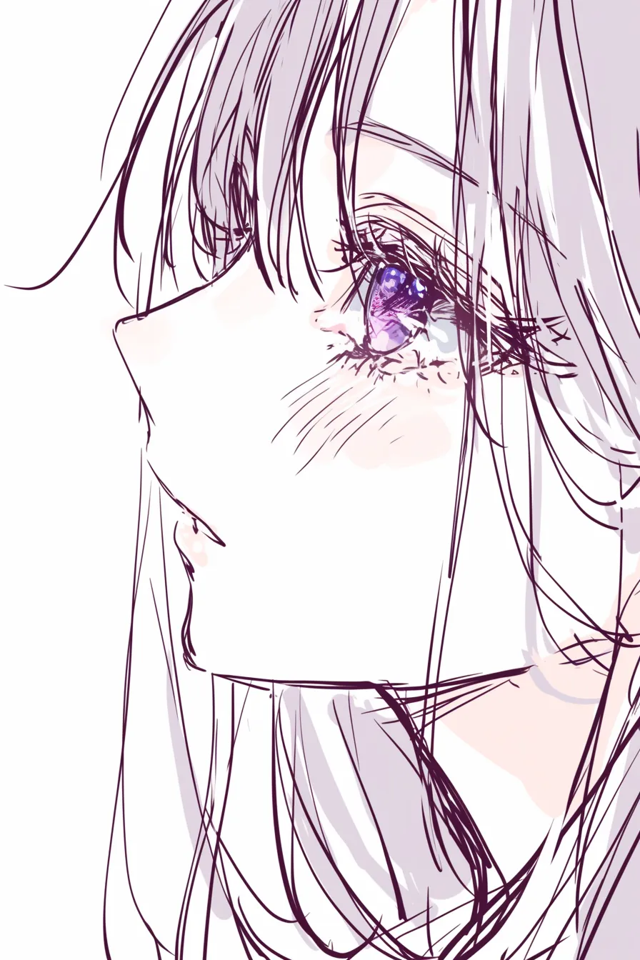 綺麗な目の遠望｜【基本構造】横顔をすっきりと描き方に収め、目元に細やかな陰影を施しています。<br>【演出の方向性】瞳の深みに淡い紫を差し込むことで、未来を見つめるような遠望の印象を強調しています。<br>