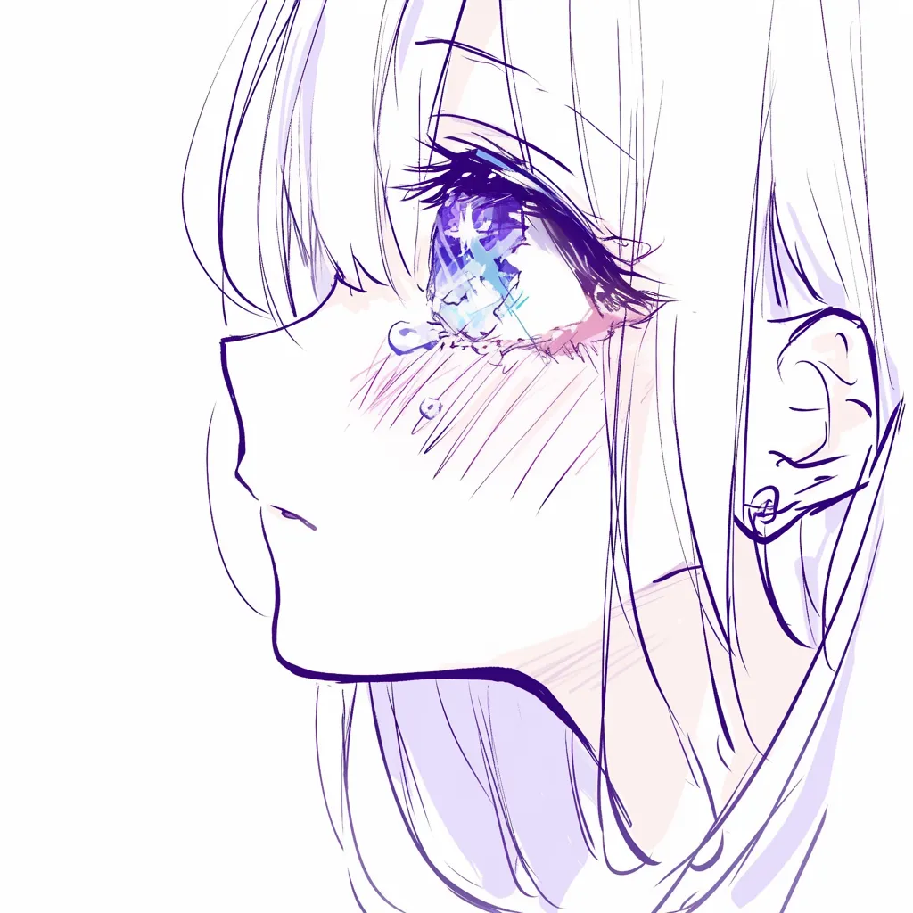 宝石瞳の横顔｜【基本構造】横顔のシルエットを描き方の基盤とし、瞳を大きく取り、虹彩の内部に幾重もの色彩を重ねています。<br>【演出の方向性】涙と光が混ざり合い、宝石のような透明感ときらめきを持たせることで、儚さと強さが同居する表情になっています。<br>