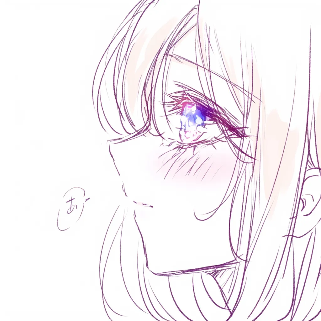 宝石瞳の切なさ｜【基本構造】伏し目がちな顔を描き方で捉え、瞳の内部に夜空のような色合いを広げています。<br>【演出の方向性】淡く揺れる光が感情の揺らぎを表現し、宝石のような輝きと切なさを共存させています。<br>