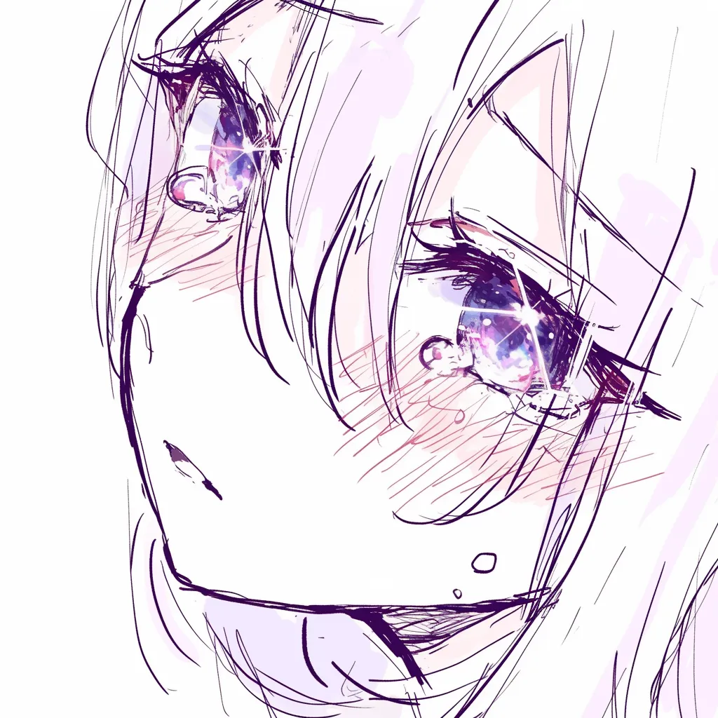 宝石瞳の赤み｜【基本構造】横顔の目元を中心に描き方で構築し、瞳の内部にはピンクや紫を強調しています。<br>【演出の方向性】赤みが宝石の温度感を引き出し、頬の紅潮と響き合って甘やかな印象を作り出しています。<br>