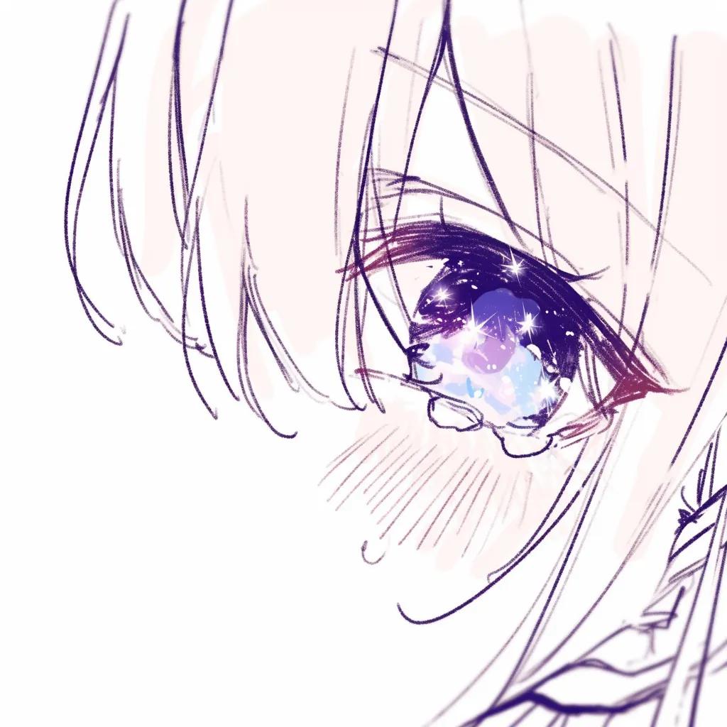 宝石瞳の瞬き｜【基本構造】目を半開きにした描き方で、瞳に柔らかく光を閉じ込めています。<br>【演出の方向性】瞬きの間に宝石の煌めきがきらりと浮かび、淡い情緒と優しさを醸し出しています。<br>