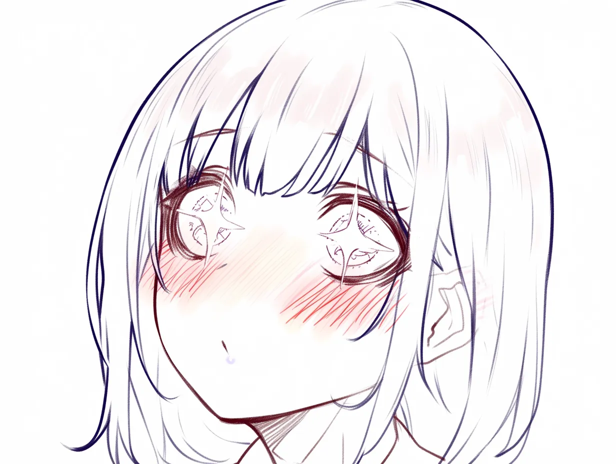 キラキラ目の赤面｜【基本構造】正面に近い顔を描き方でまとめ、両目に大きな星型のハイライトを配置し、頬を強く染めています。<br>【演出の方向性】星の光と赤面が重なり、羞恥とときめきが混ざった感情をストレートに伝えています。<br>