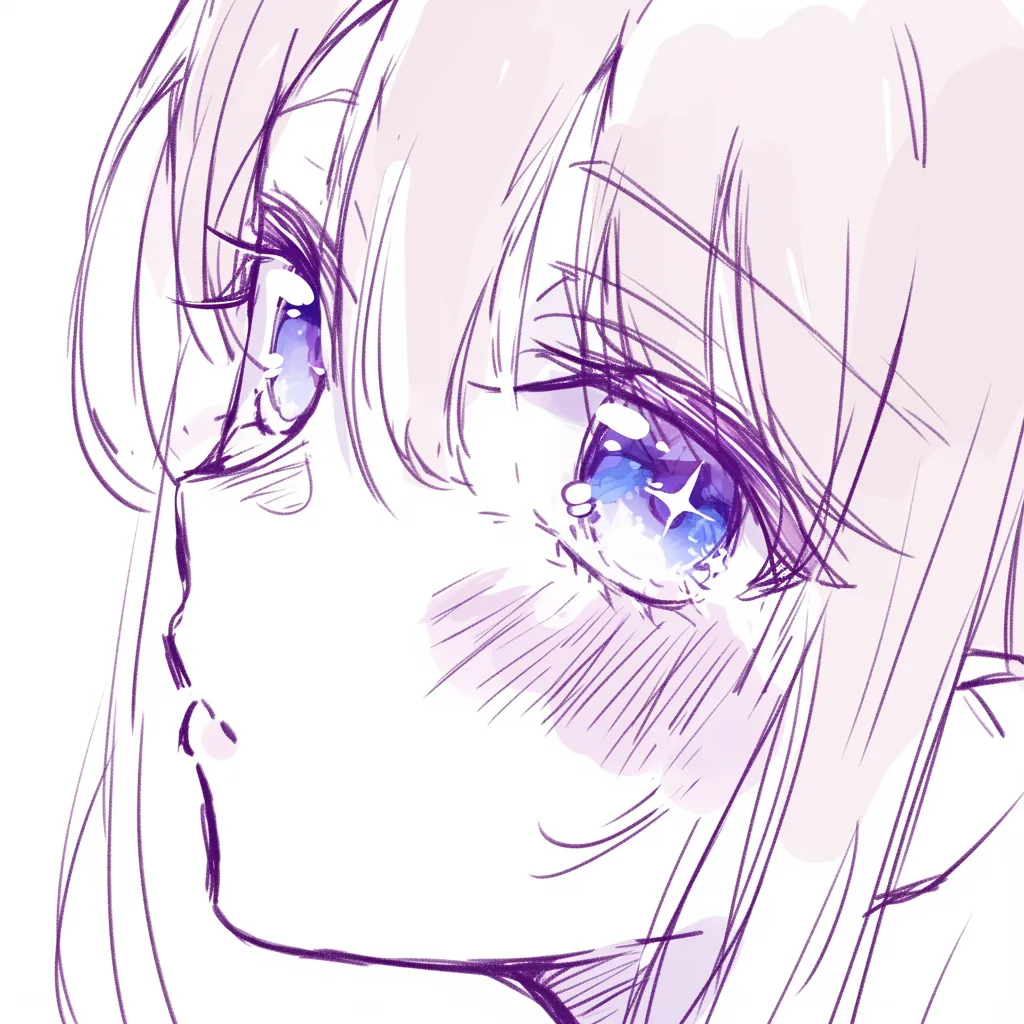 キラキラ目の横顔｜【基本構造】横顔のシルエットを描き方の基盤にし、瞳に青みを基調とした光を反射させています。<br>【演出の方向性】強い光が涙のようにきらめき、切なさを含んだ純粋な輝きを感じさせます。<br>