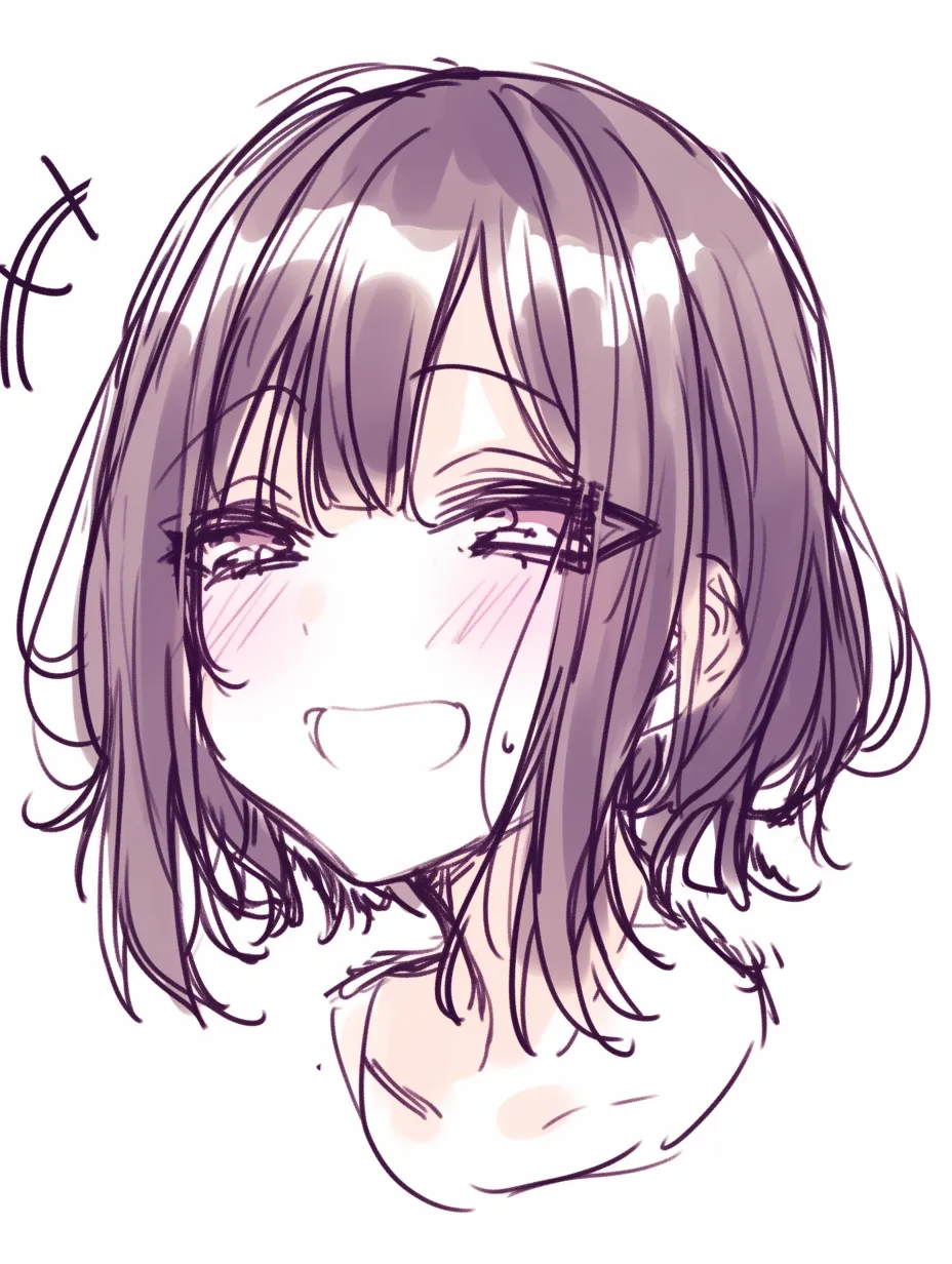 斜め顔の少女｜【基本構造】顔を右側にわずかに傾け、眼差しを少し上向きに描き、柔らかなラインで輪郭を強調しています。髪の流れも自然に描き、顔の側面が強調される構図です。<br>【演出の方向性】目元の涙と柔らかな微笑みが無言の感情を表現し、視線を外すことで少し切ない印象を与えています。<br>