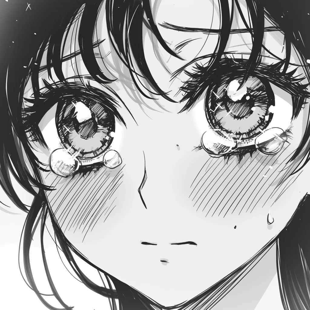 少女マンガの涙目｜【基本構造】正面の安定した構図で、下瞼に涙をためた大きな瞳を描き方に取り入れ、頬には濃い陰影を加えています。<br>【演出の方向性】涙とハイライトを対比させることで切なさと感情の高まりを強調し、読者に共感を呼び起こします。<br>