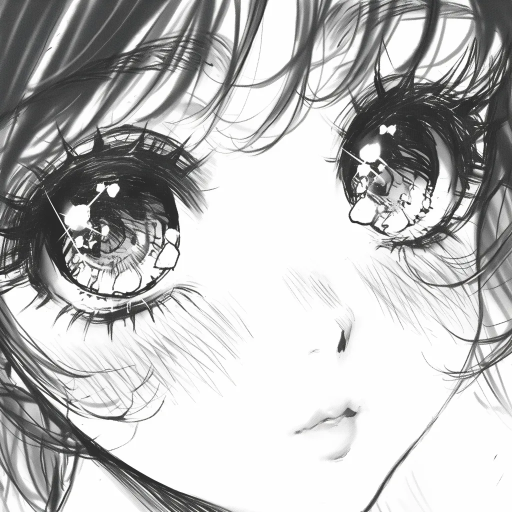 少女マンガの憧れの瞳｜【基本構造】斜めに傾けた顔の輪郭に、視線を少し上へ持ち上げる描き方で瞳を配置しています。<br>【演出の方向性】光源を多く反射させることで強い憧れや希望を目に宿し、キャラクターの未来志向を感じさせる仕上がりです。<br>