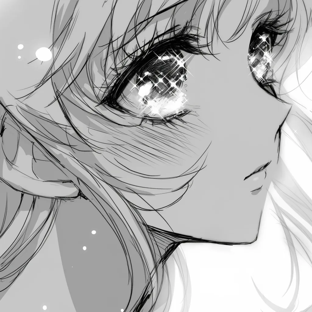 少女マンガの切なげな瞳｜【基本構造】横顔に近いアングルで、頬を染めつつ瞳を大きく配置する描き方が用いられています。<br>【演出の方向性】瞳の中に細かい光粒を散らし、口元を静かに閉じることで、届かない想いの切なさをにじませています。<br>