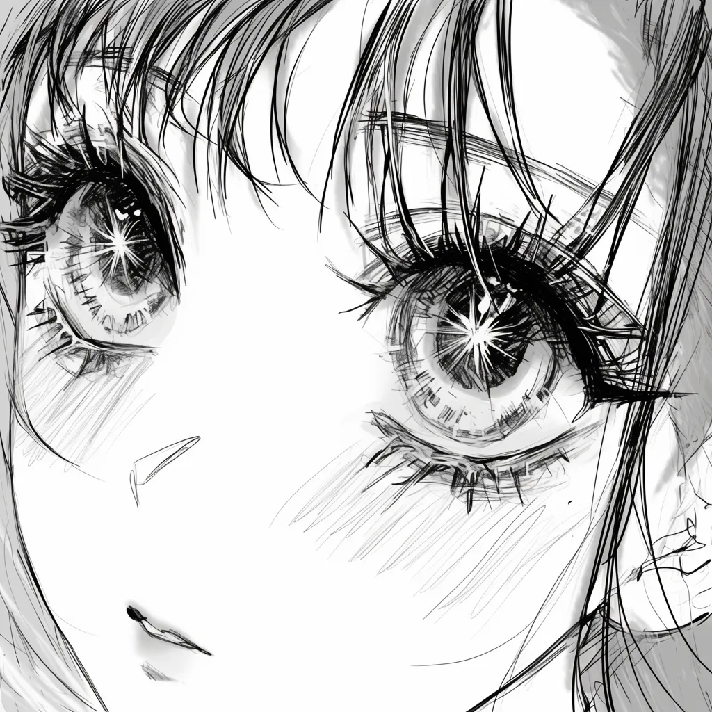 少女マンガの輝く瞳｜【基本構造】正面に近いアングルで、長いまつ毛に囲まれた大きな瞳を描き方として強調しています。<br>【演出の方向性】星型のハイライトを中心に据えることで、強い感情や希望が爆発する瞬間を印象付けています。<br>