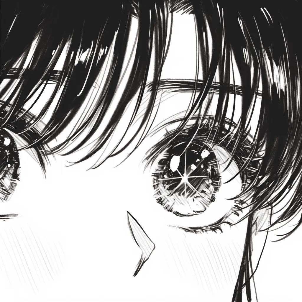 少女マンガの驚愕の視線｜【基本構造】前髪越しに大きく見開いた瞳を描き方で強調し、口を小さく開けた構成です。<br>【演出の方向性】鋭い光の反射を加えることで、驚愕や衝撃を鮮烈に伝え、緊張感を高めています。<br>
