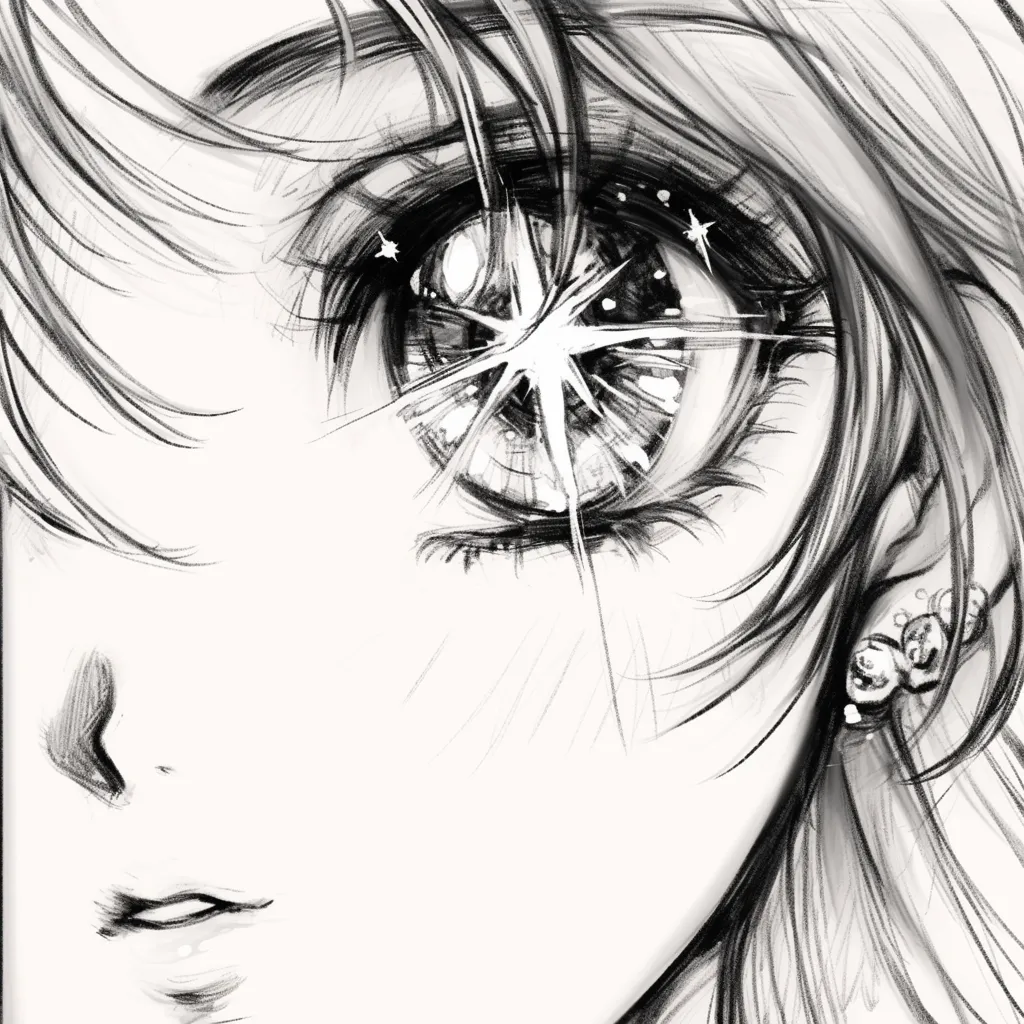 少女マンガの星屑の瞳｜【基本構造】横顔を大きく切り取り、片目を中心に配置する描き方で、まつ毛と瞳に焦点を置いています。<br>【演出の方向性】瞳の奥に大きな星型の光を差し込むことで、壮大な憧れや夢想を象徴的に表現しています。<br>
