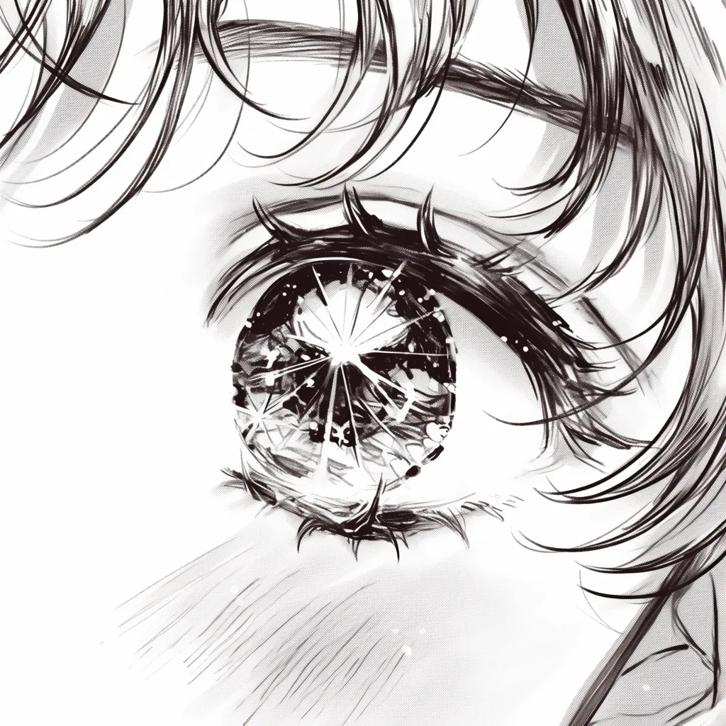 少女マンガの幻想的な瞳｜【基本構造】目をアップで切り出し、虹彩を繊細に描き込む描き方でシンプルにまとめています。<br>【演出の方向性】輝きを多方向に広げることで、現実感を超えた幻想性を漂わせ、読者を夢の世界へ誘います。<br>