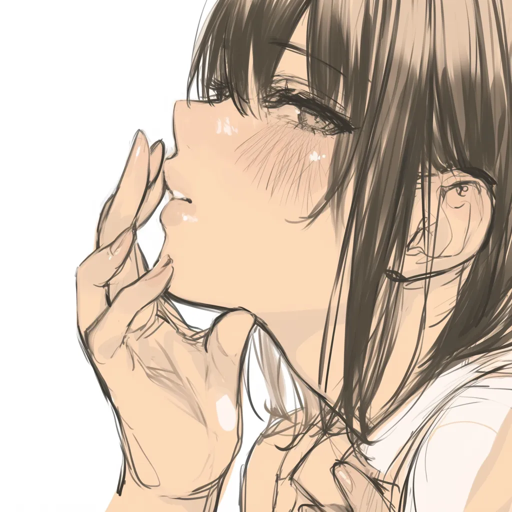 流し目の艶やかさ｜【基本構造】横顔のシルエットに、長い指を口元へ添える描き方で構成し、半開きの瞳を流し目にしています。<br>【演出の方向性】指先と視線の組み合わせが色香を引き立て、柔らかい誘いを思わせる演出になっています。<br>