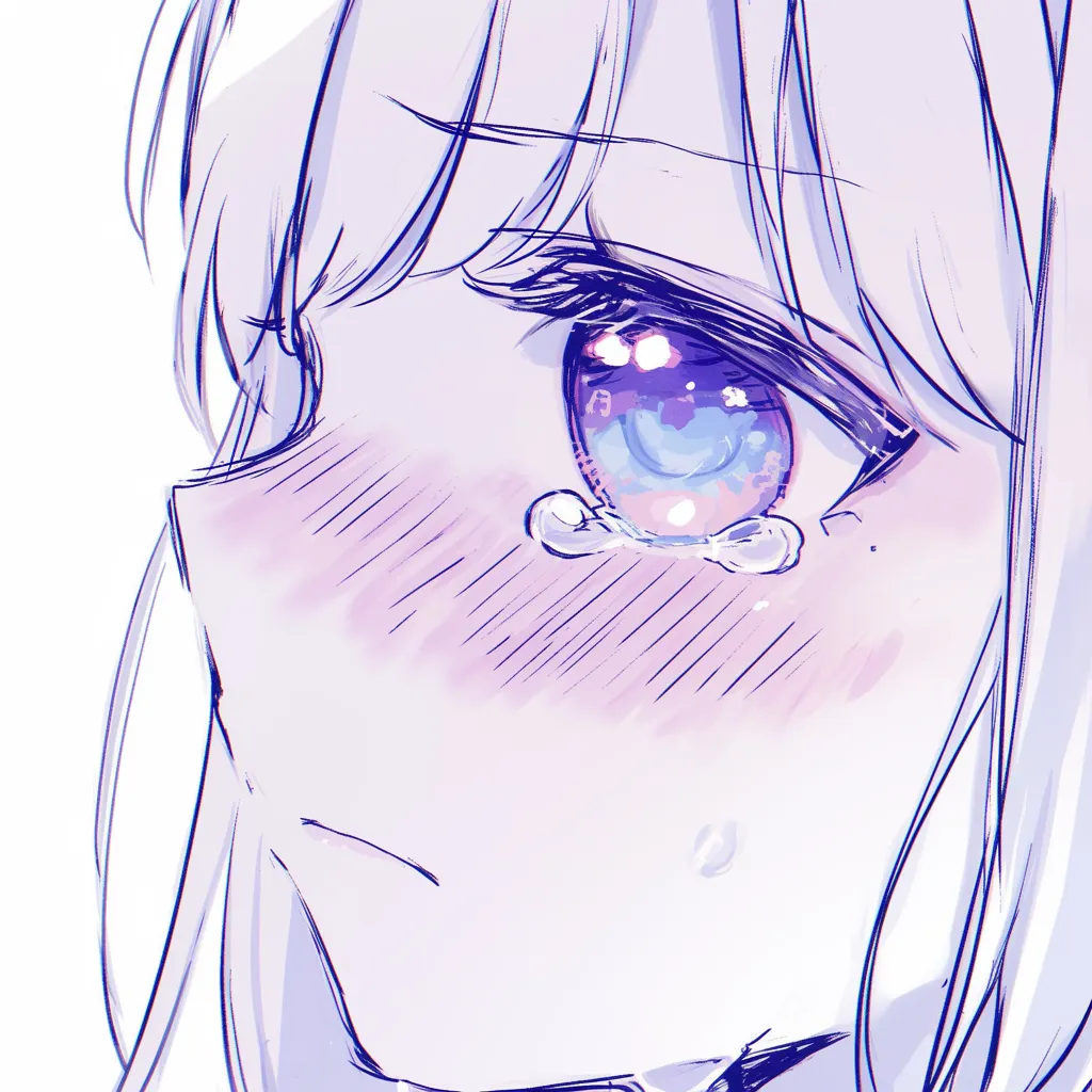 涙目のアップ｜【基本構造】片目を大きくクローズアップする描き方で、瞳の中の光彩と涙の粒を細かく描き込み、視線に強い存在感を持たせています。<br>【演出の方向性】光を多く含んだ虹彩と透明な涙が共鳴し、悲しさの中に美しさを際立たせています。感情の密度を一気に高める表現です。<br>
