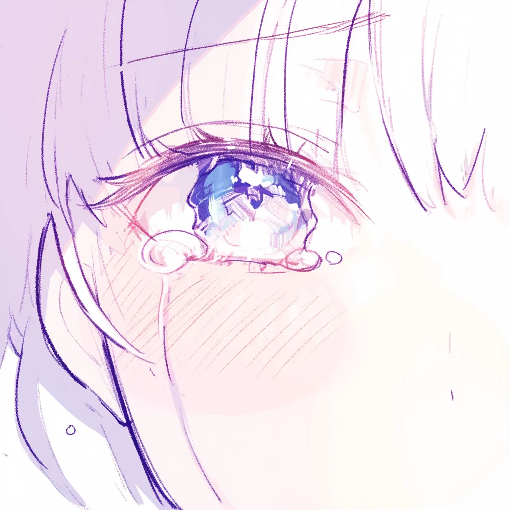 涙目の輝き｜【基本構造】目のクローズアップに特化し、虹彩と涙の粒を大きく描き方に反映しています。まつ毛と頬のラインを繊細に配置しています。<br>【演出の方向性】鮮やかな光を含んだ瞳と涙が輝きを放ち、悲しみの中に美しさを見出す表現です。強い光彩が観る者の視線を惹きつけます。<br>
