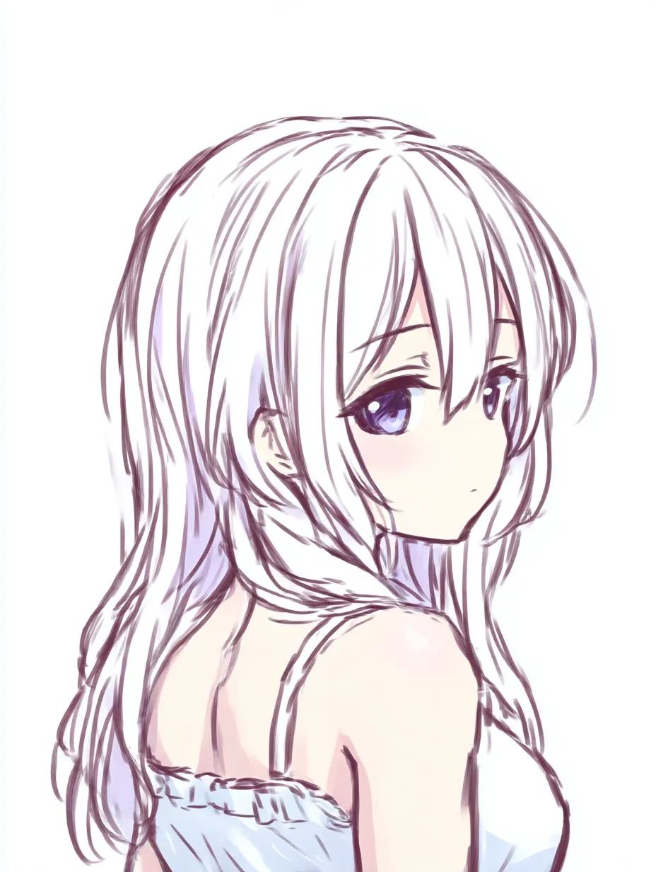 斜め後ろの顔（女性ロング）｜【基本構造】肩越しに振り返るような描き方で、髪の流れが背中に沿いながら視線が横に向けられています。首筋と肩の傾斜で自然な動きを演出しています。<br>【演出の方向性】瞳の柔らかさと口元の静けさを強調することで、落ち着いた印象と淡い憂いを漂わせています。髪のボリュームが女性らしさを際立たせます。<br>