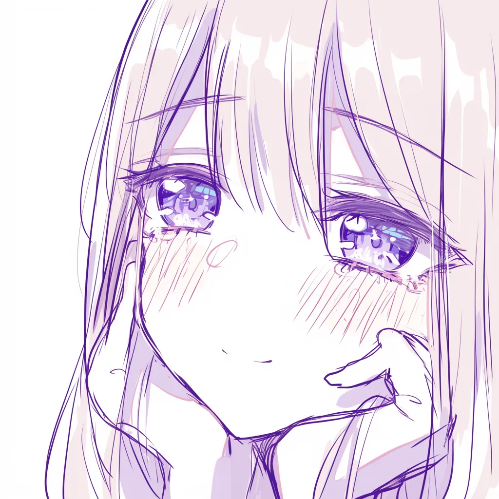 タレ目の安堵｜【基本構造】手を頬に添え、目尻を下げた描き方で柔らかな微笑を組み込んでいます。<br>【演出の方向性】緩やかな視線と赤らむ頬が、安心感と甘やかな余韻を漂わせ、癒しの雰囲気を強調しています。<br>