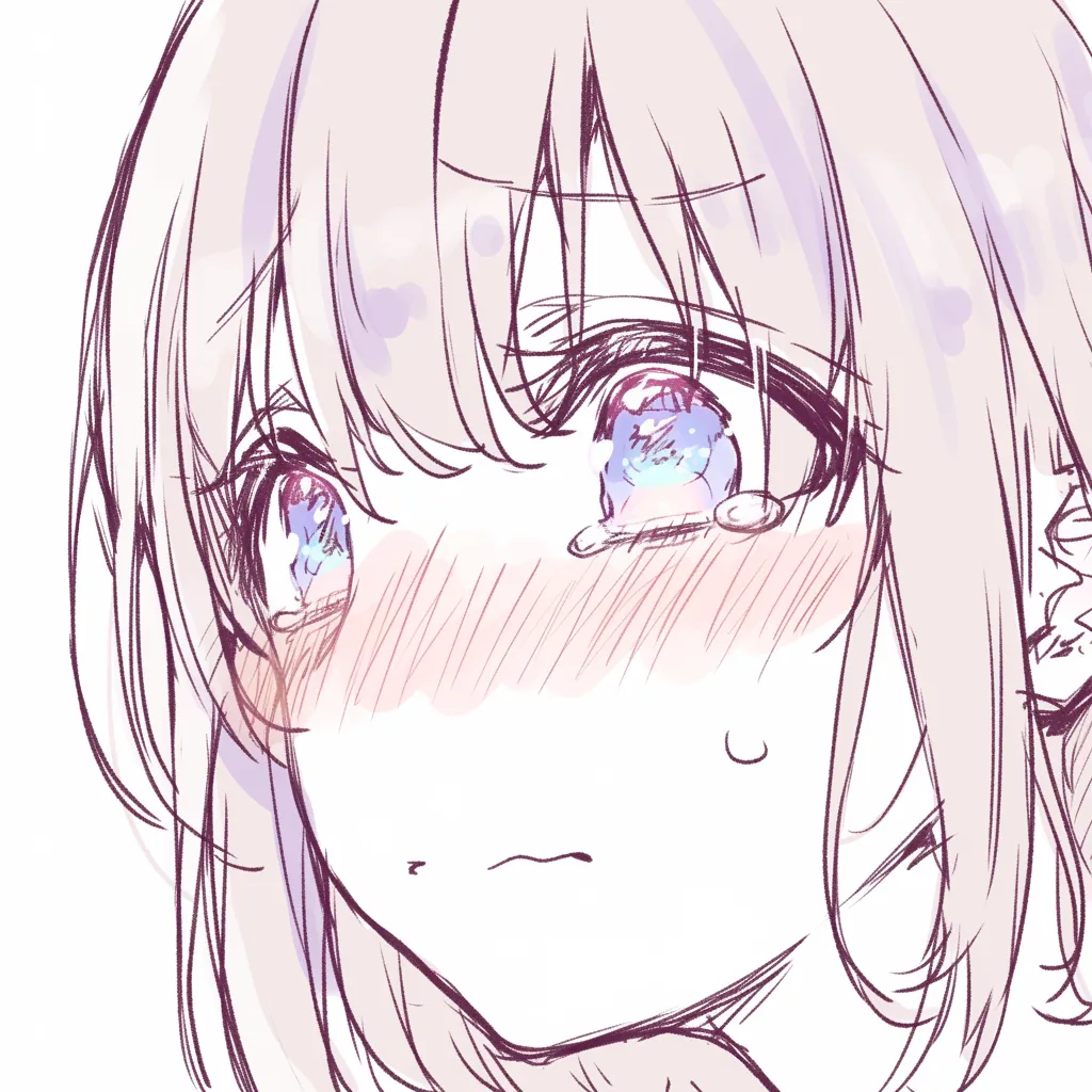 タレ目の戸惑い｜【基本構造】瞳を大きく開き、目尻を下げる描き方で、頬を赤く染めて驚きを表しています。<br>【演出の方向性】涙ぐむような潤んだ瞳と赤面が重なり、純粋な動揺や戸惑いが観る者に伝わります。<br>