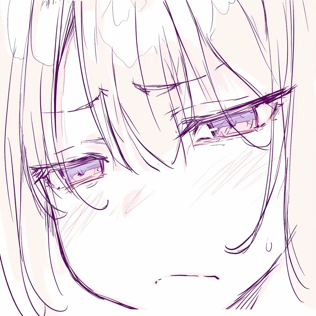 ジト目の憂い｜【基本構造】眉を中央で寄せつつ、瞼を下ろす描き方を取り入れ、顔全体をやや俯瞰気味に構成しています。瞳は小さめで光量を抑えています。<br>【演出の方向性】涙腺付近の赤みや影を使い、ただの無気力ではなく心的疲労や悲しみを伴うニュアンスを強調。見る人に負担感や心配を抱かせる雰囲気になっています。<br>