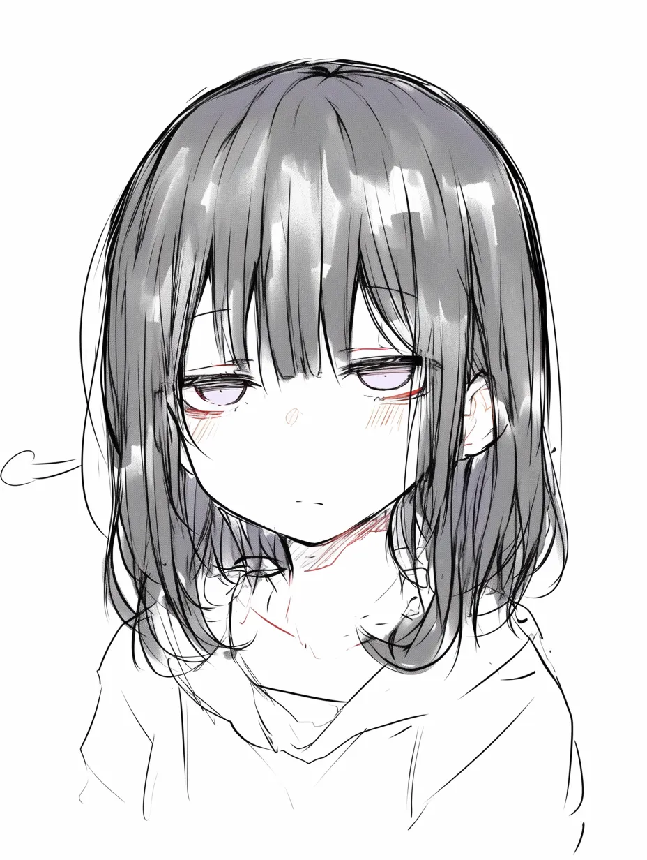 ジト目の少女｜【基本構造】正面寄りの構図で前髪が目にかかるように描き方を整え、半開きの瞼と無表情気味の口元が骨格の静けさを引き立てています。<br>【演出の方向性】瞳の光を抑えて濁りを残すことで冷めた印象を演出し、視線の停滞感が相手を突き放すような雰囲気を強めています。わずかな頬の赤みが不満や倦怠感をにじませる効果を加えています。<br>