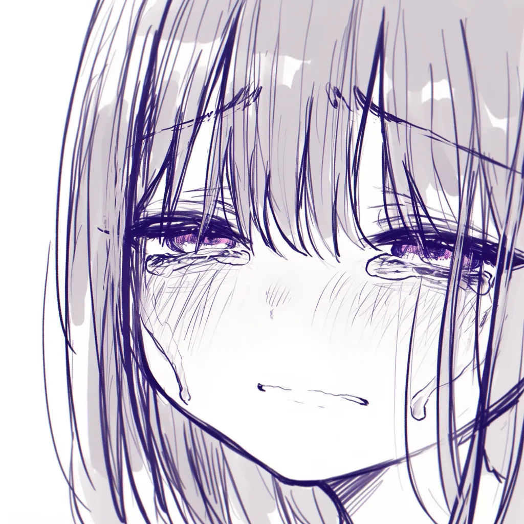 半目の泣き顔｜【基本構造】前髪の隙間から見える半目の描き方で、涙を頬に伝わせながら口元をきつく結んでいます。骨格は崩さず、目元に集中した構図です。<br>【演出の方向性】瞳の光を潰し、赤く腫れたように描くことで強い感情の発露を示しています。半目が涙に負ける表現となり、無力感や絶望を強調しています。<br>