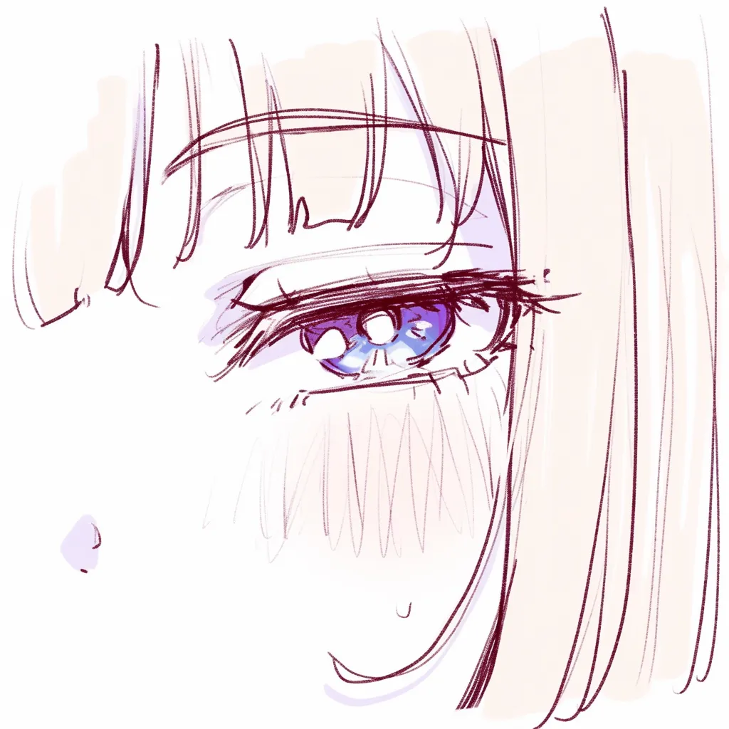 半目の接写｜【基本構造】片目をクローズアップする描き方で、まぶたを厚めに描き下ろし、瞳の中に強いハイライトを配置しています。周囲の線は最小限に整理。<br>【演出の方向性】視線を伏せ気味にしつつ光を反射させることで、眠気や戸惑いの中に一瞬の輝きを表現。感情を限定せずに観る側に解釈を委ねています。<br>