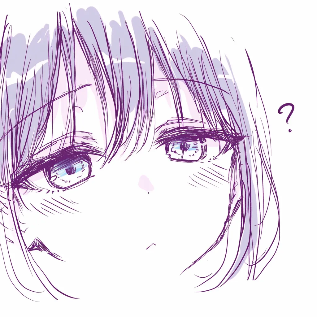 半目の困惑｜【基本構造】やや上向きの描き方で、まぶたを下げた目と僅かに開いた口を組み合わせ、全体に力の抜けた骨格を表現しています。<br>【演出の方向性】赤みを加えて動揺を示しつつ、瞳の焦点をずらすことで疑問や困惑の雰囲気を表現。添えられた記号要素が心情を視覚的に補強しています。<br>