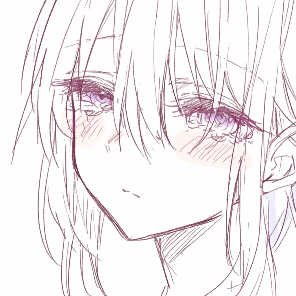 半目の少女｜【基本構造】髪で片目を隠しつつ、残る片目を半開きにする描き方で、顔の輪郭を緩やかにまとめています。口元は力なく水平に描写。<br>【演出の方向性】赤みの強い頬と光の少ない瞳が、疲労や無関心を想起させます。正面を向きながらも視線が遠く、現実から距離を置いた表現になっています。<br>