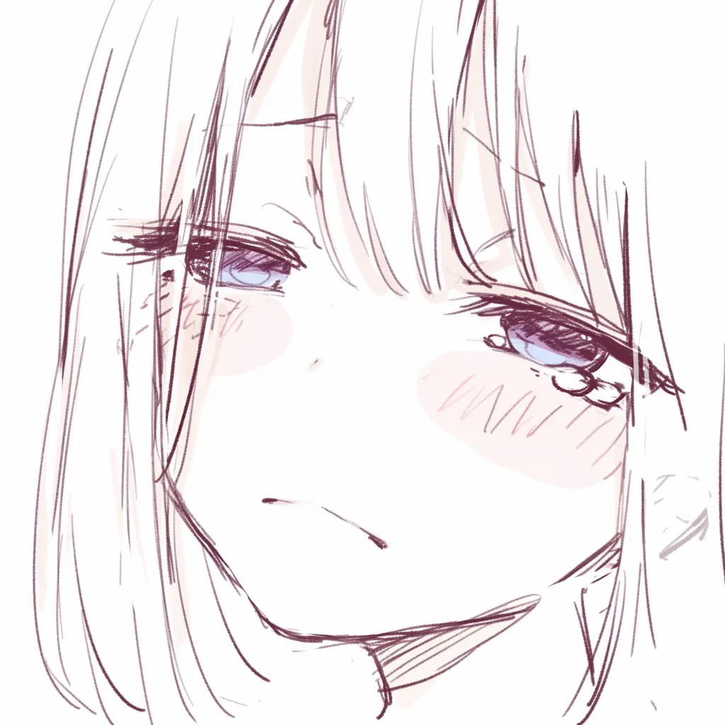 半目の不満顔｜【基本構造】口角をわずかに下げ、瞼を水平に落とした描き方で、眉を少し下げて輪郭に張りを持たせています。<br>【演出の方向性】半目と組み合わせることで、不満や苛立ちが強調されます。赤みを頬に散らし、感情の熱量が残っていることを伝えています。<br>