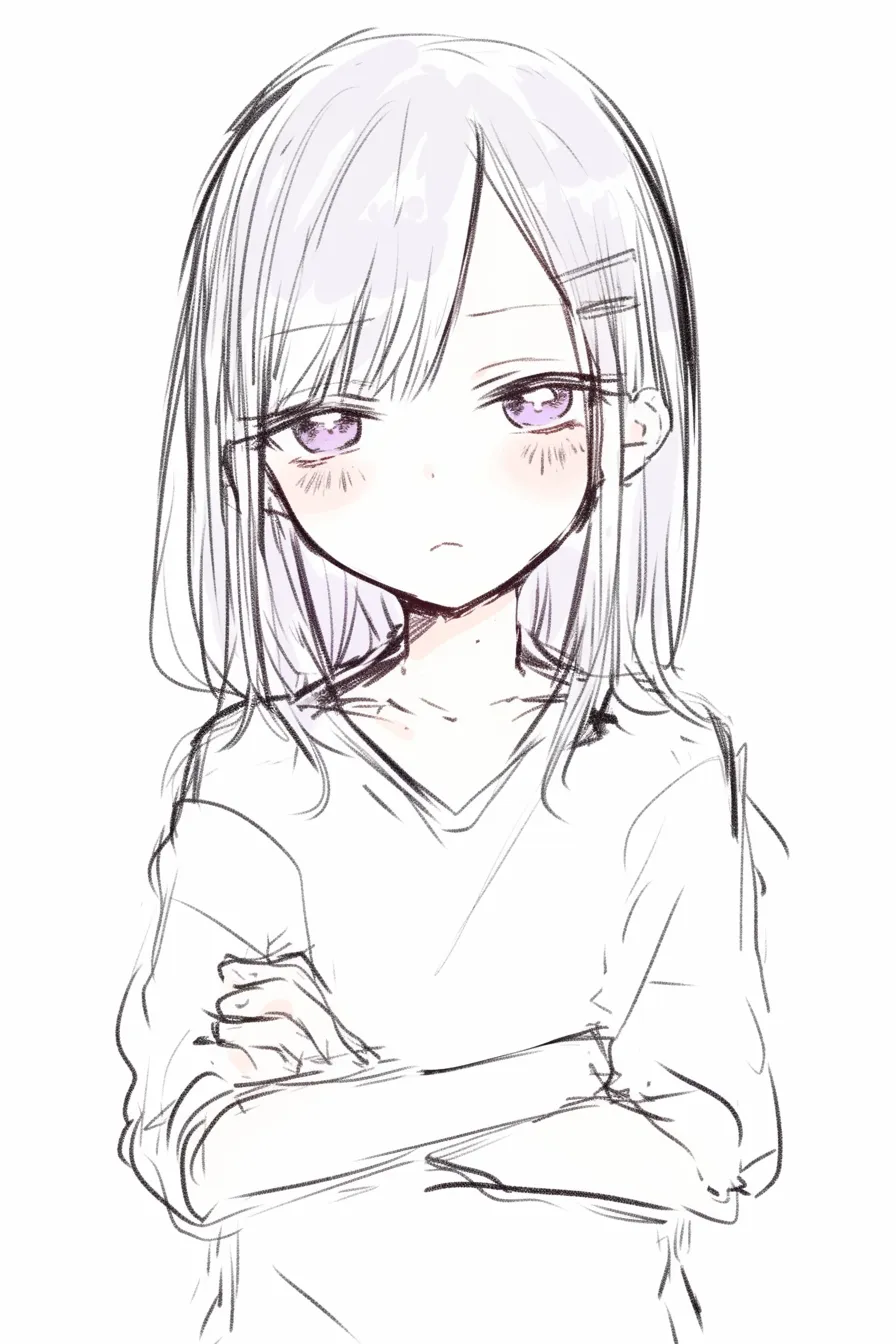 半目の腕組み姿｜【基本構造】全身を胸から上まで描き方に収め、半目を組み合わせて冷静な視線を正面に投げています。腕組みのポーズが骨格の安定感を支えています。<br>【演出の方向性】ポーズと半目の組み合わせで強気かつ無関心な雰囲気を演出。感情を隠しながら相手を見下すような表情が生まれています。<br>