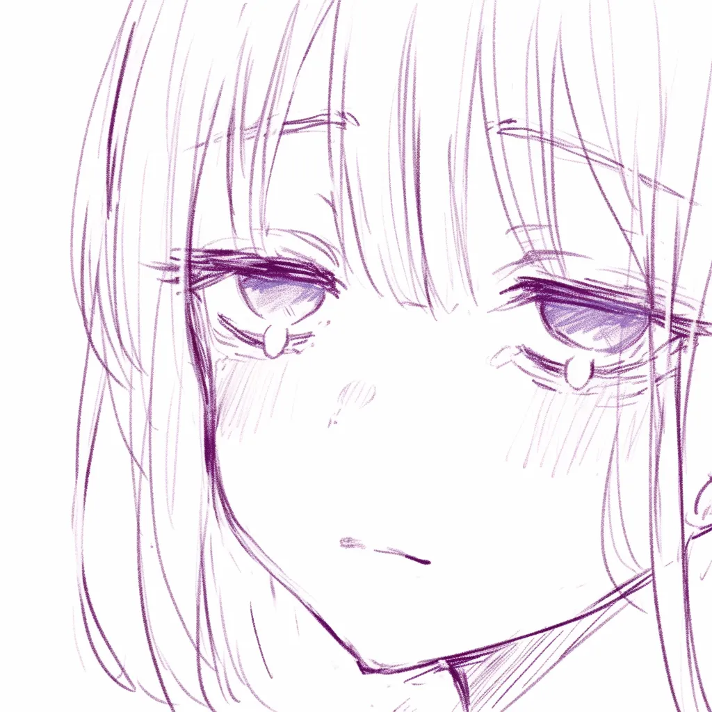 半目の涙顔｜【基本構造】正面に近い角度で、瞼を大きく下げた描き方により、瞳の露出を抑えています。涙が下まぶたに溜まり、口元はわずかに緩んだ線で描かれています。<br>【演出の方向性】半目と涙の組み合わせが、諦めや虚無感を強調します。瞳の光を抑えることで、感情の熱を内側に閉じ込めた印象を与えています。<br>