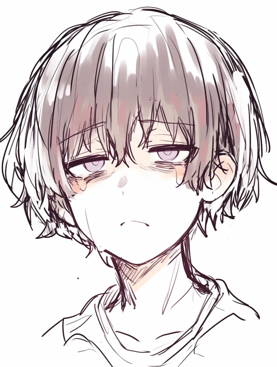 半目の少年｜【基本構造】やや上目遣いの描き方で、瞼を重たく下げ、髪の毛をラフに描き込んでいます。口元は軽く閉じ、顔の骨格は角ばらせず柔らかく仕上げています。<br>【演出の方向性】目の下の赤みや影を強めに入れることで、疲労感や不健康さを演出。半目のだるげな表情が全体に無気力さを広げています。<br>