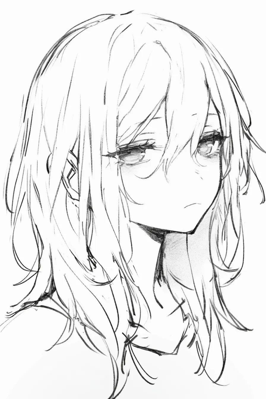 半目の横顔｜【基本構造】斜め横顔の描き方で、前髪を長く垂らし、目尻を水平に保ちながら瞼を厚めに落としています。顎から首のラインは緩やかに処理。<br>【演出の方向性】半目が横顔と組み合わさることで、気だるさや物憂げな印象が強調されます。髪の隙間から覗く瞳の濁りが、無関心さを深める要素になっています。<br>