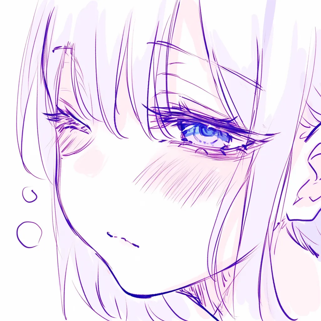 伏し目の眠気｜【基本構造】顎を下げ、瞼を厚く描き下ろすことで伏し目を作る描き方。口はわずかに開き、頬の赤みを加えています。<br>【演出の方向性】伏し目を眠そうな視線として演出し、倦怠感や安らぎを表現。添えられた息の記号が眠気をさらに具体的に示しています。<br>