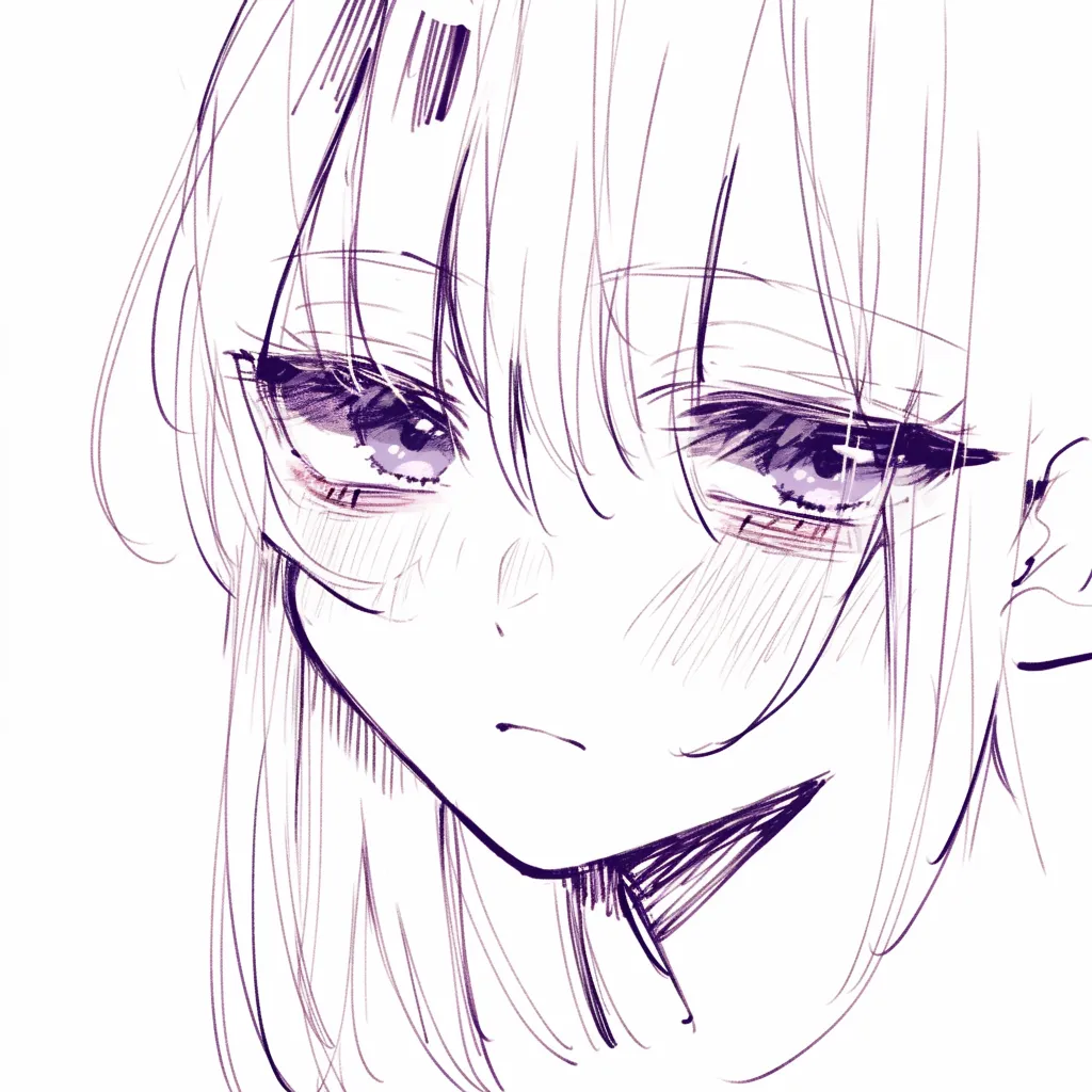 伏し目の少女｜【基本構造】正面寄りの描き方で、瞼を深く下ろし、前髪を目にかかるように配置しています。口元はわずかに下がり、全体を緩やかな角度でまとめています。<br>【演出の方向性】伏し目によって視線の力を弱め、頬の赤みが羞恥やためらいをにじませています。感情を押し隠しながらも、心の揺れが透けて見える表現です。<br>