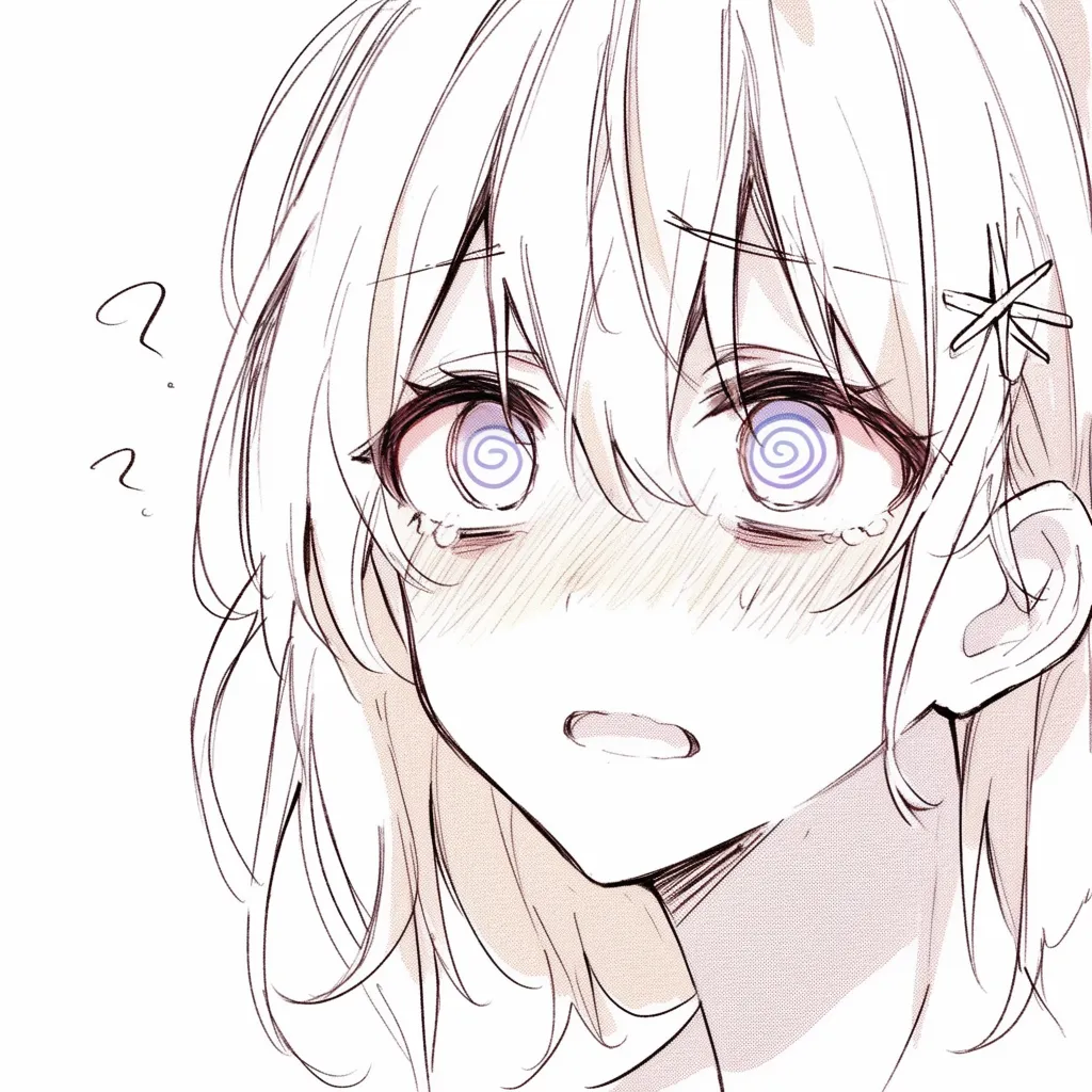 ぐるぐる目の疑念｜【基本構造】顔を正面に向け、やや上げた眉と口の隙間を描き方として配置し、瞳には大きな渦巻きを加えています。髪飾りが視線の方向を補います。<br>【演出の方向性】「？」の記号と合わせて、状況が理解できず混乱する心理を演出しています。迷いや不可解さを強調する表現です。<br>