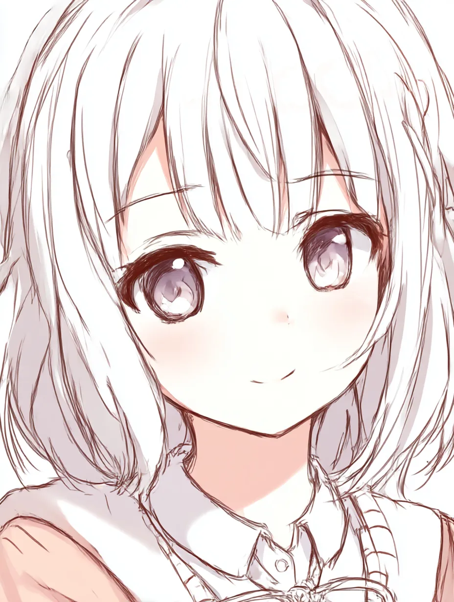 顔アップ（微笑み）｜【基本構造】正面からの描き方で、大きな瞳とやや丸みを帯びた頬を配置。髪は顔を囲むように下ろし、柔らかい輪郭を強調しています。<br>【演出の方向性】口角を上げた穏やかな表情が安心感を与え、光を多めに入れた瞳で純真さや親しみやすさを演出しています。<br>