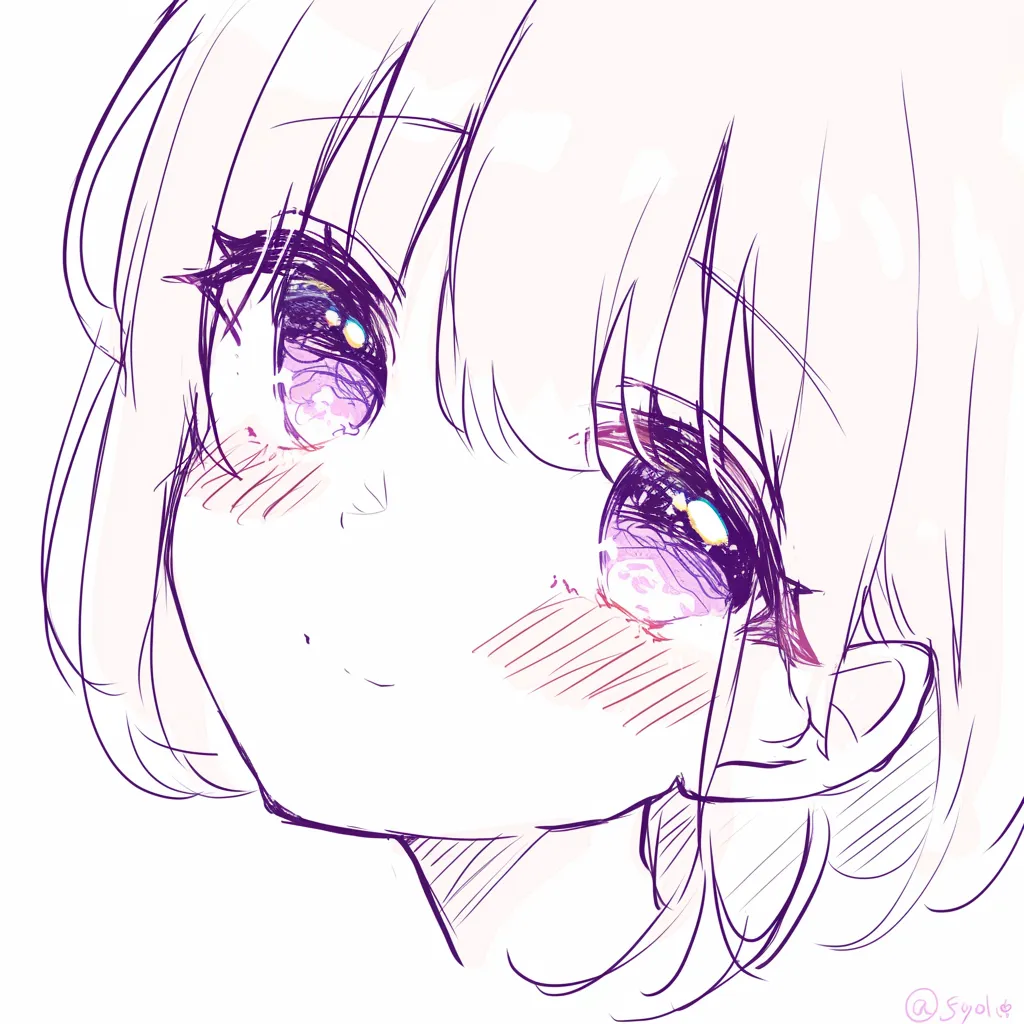 鼻の上向き描き方｜【基本構造】あごを引いた状態で鼻をやや上向きに描き方を整え、小鼻の丸みと鼻孔が強調されています。輪郭は最小限でまとめています。<br>【演出の方向性】上目遣いと組み合わせることで、あどけなさや甘えのニュアンスを強めています。視線の方向性と合わせると親近感の演出に効果的です。<br>