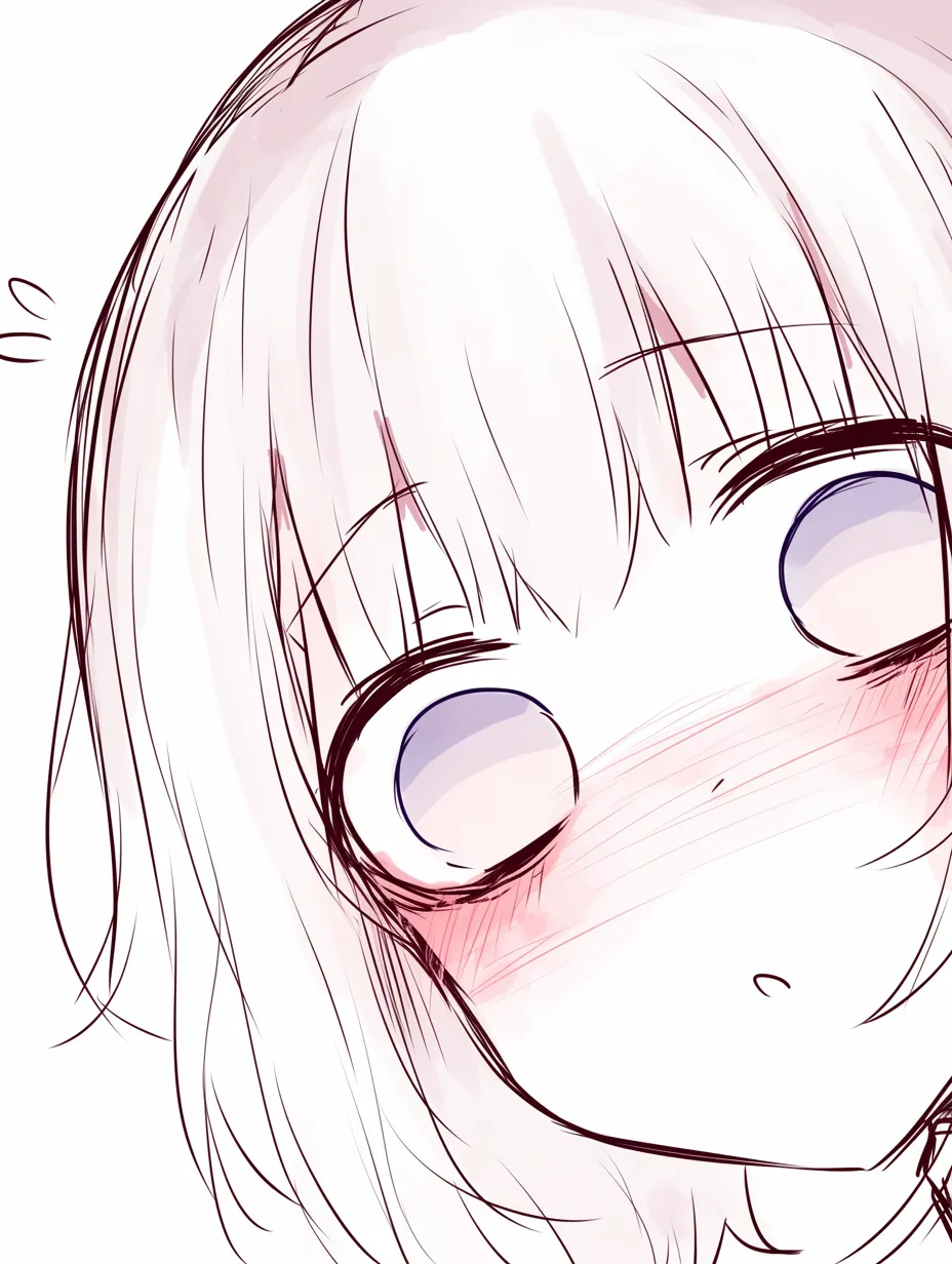 顔アップ（驚き）｜【基本構造】上目遣い気味の正面描き方で、瞳を大きく見開き、口を小さく開けています。髪は跳ねるように動きが加えられています。<br>【演出の方向性】赤面と瞳の広がりで驚きと動揺を強調。漫画的な表現が可愛らしさを伴い、強いインパクトを与えます。<br>