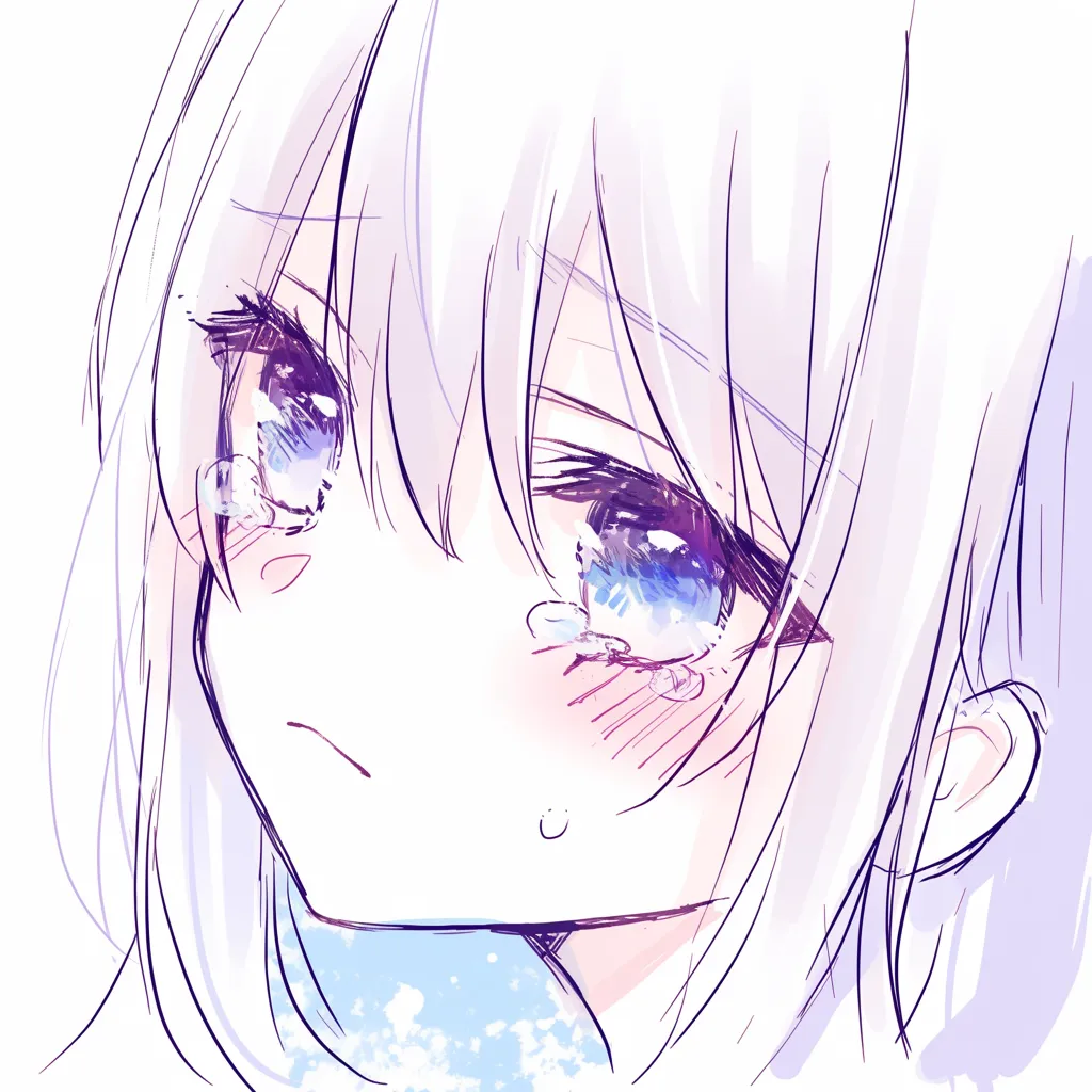 かわいい鼻の涙描き方｜【基本構造】涙で濡れた目元に合わせて、鼻筋を短くシンプルに描き方をまとめ、小鼻と頬の接続を曖昧に処理しています。<br>【演出の方向性】涙の光沢と組み合わせることで鼻筋が自然に浮かび上がり、切なさや儚さを強調します。かわいらしさと同時に守りたくなる印象を与えます。<br>