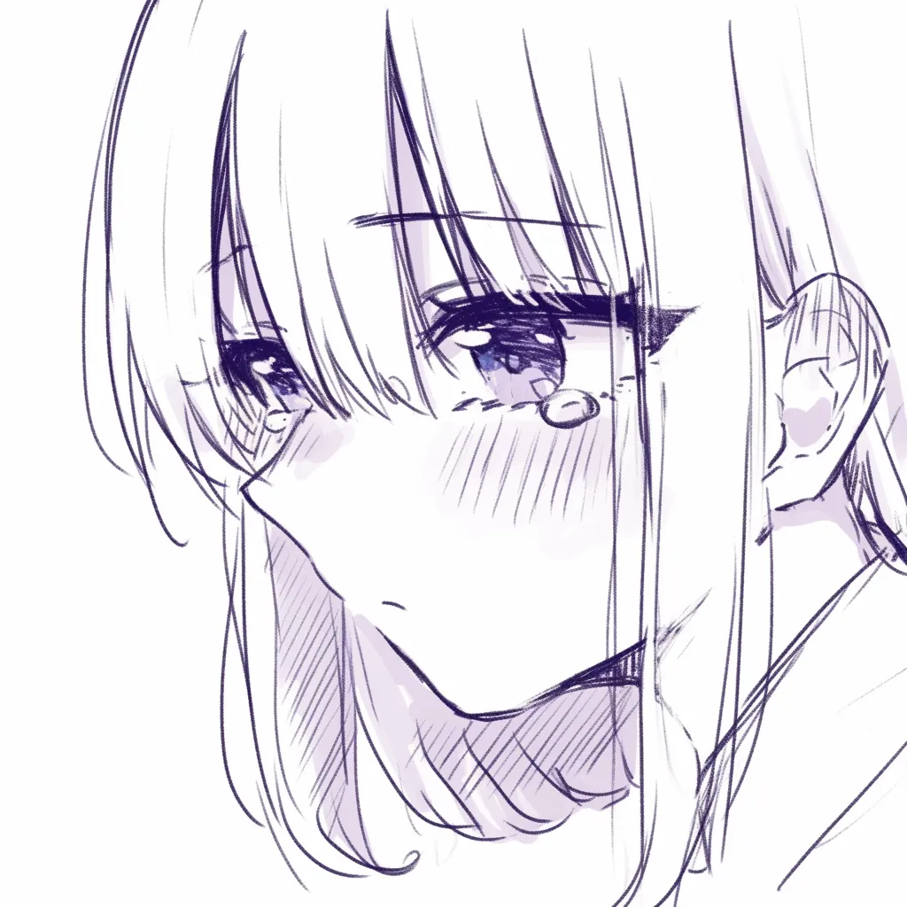 かわいい鼻のしょんぼり描き方｜【基本構造】顔をわずかに傾け、鼻筋を弱く描き方を整理しています。鼻先は影で表現され、小鼻の線は最小限です。<br>【演出の方向性】涙や眉の動きと相まって、寂しさや弱さを際立たせます。小さな鼻が儚げな印象を補強します。<br>