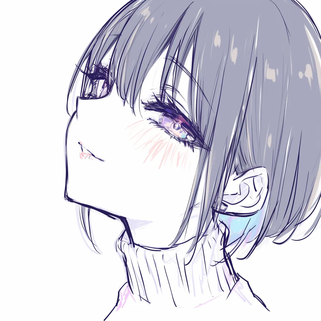 かわいい鼻の上向き描き方｜【基本構造】顔を反らせた構図で、鼻先を小さく尖らせずに描き方を整えています。鼻筋は顎のラインに合わせて控えめに。<br>【演出の方向性】上目遣いの印象と合わさり、甘さや挑発的なニュアンスを演出します。無邪気さと大人っぽさを両立させる表現です。<br>