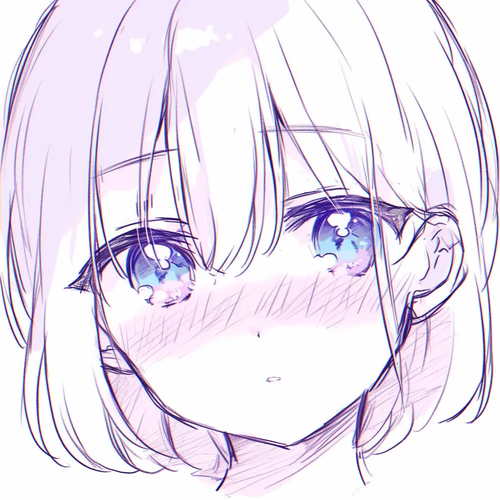 鼻正面の照れ描き方｜【基本構造】真正面の構図で、鼻筋を極力省略し、鼻先を小さな点に近い形で描き方を整理しています。頬の赤みと髪の隙間が輪郭を補っています。<br>【演出の方向性】赤面の広がりが鼻の存在を引き立て、照れや動揺を強く演出します。最小限の鼻表現が感情の可愛らしさを増幅しています。<br>