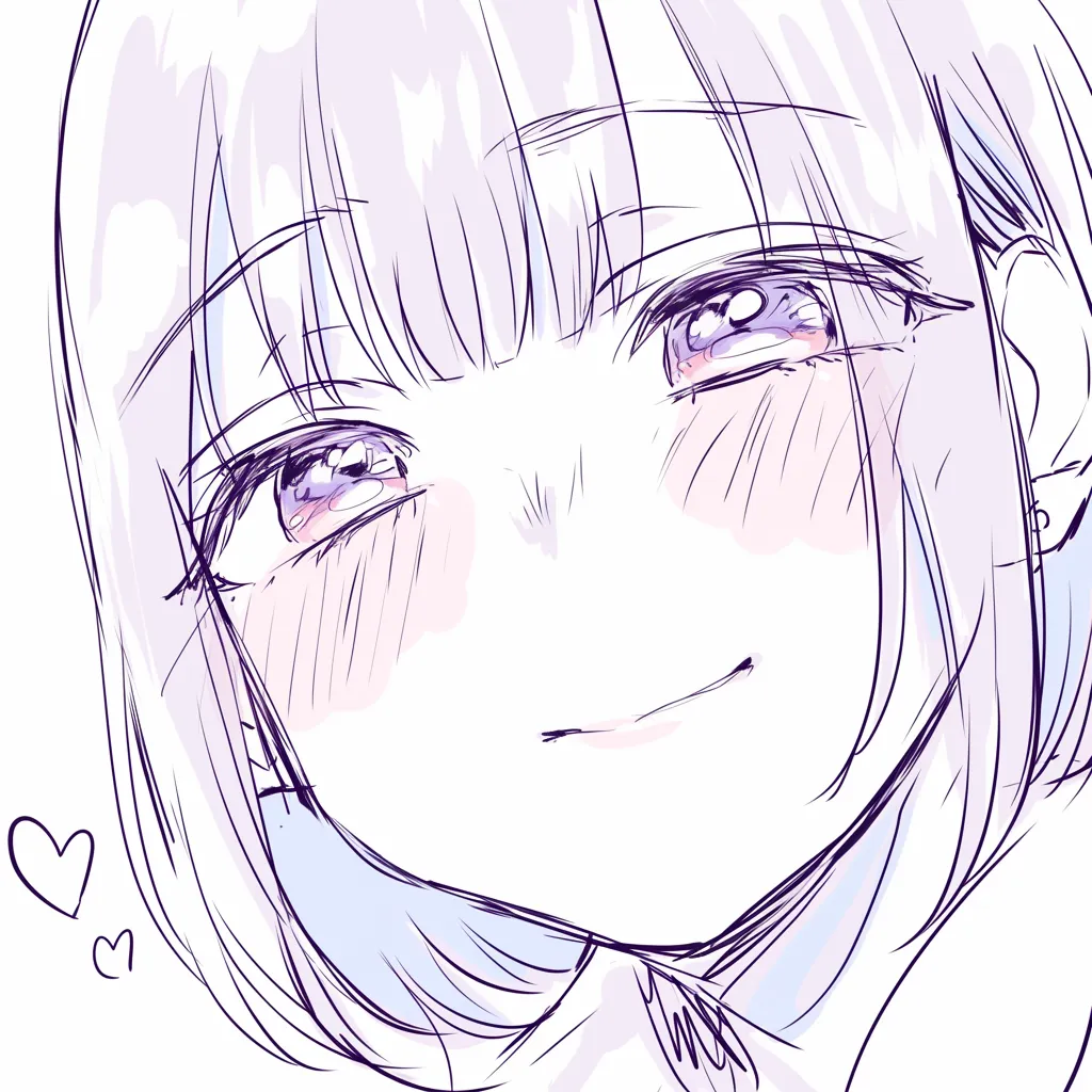 鼻正面の笑顔描き方｜【基本構造】中央に控えめな鼻先を配置し、鼻筋は淡い線で省略した描き方です。顔全体は正面向きで、視線が柔らかく保たれています。<br>【演出の方向性】頬の赤みや口元の緩みが鼻の省略を自然に見せ、幸福感と可愛さを表現します。シンプルな鼻が視線と笑顔の輝きを引き立てます。<br>