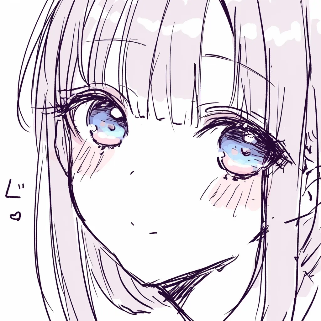 鼻正面の視線描き方｜【基本構造】目線をまっすぐに配置し、鼻筋を淡い点や線で描き方を整理しています。中央の対称性を重視した構成です。<br>【演出の方向性】大きな瞳が主役となり、鼻の省略が自然に作用して透明感を与えます。凝視の印象と合わせて、純粋さや真剣さを強める効果があります。<br>