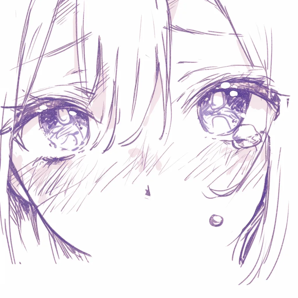 鼻正面の涙描き方｜【基本構造】正面構図で鼻筋を省略し、鼻先を小さく描き方に収めています。頬や目元の線が鼻の位置を補っています。<br>【演出の方向性】涙の光沢と赤みが鼻筋を代替するため、線を抑えた表現でも立体感が生まれます。感情の揺れを強く伝える表現となります。<br>